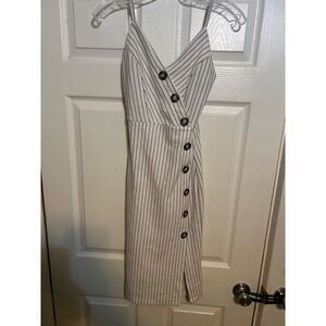 Popular Basics Womens White Pinstripe Midi Dress Button Front V-Neck Small